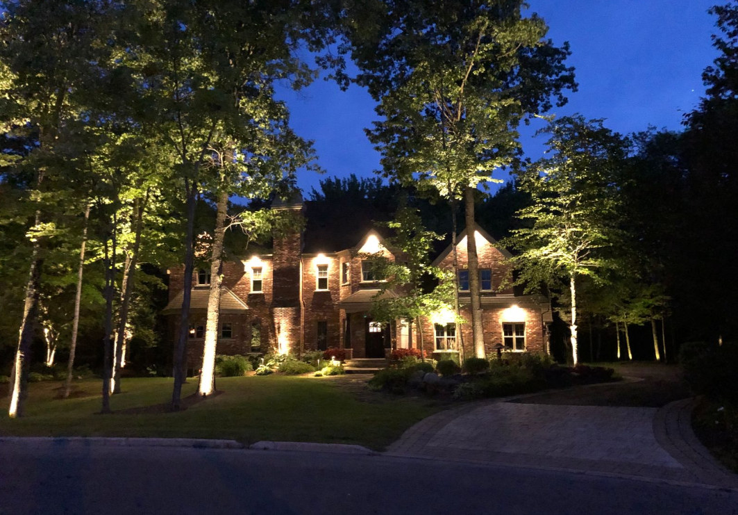 Allée et façade de résidence illuminées parmi les arbres