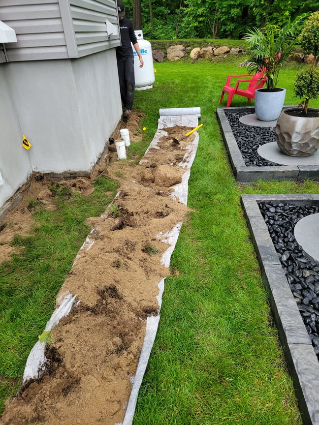 Travaux d’installation le long d’une maison et de ses plates-bandes